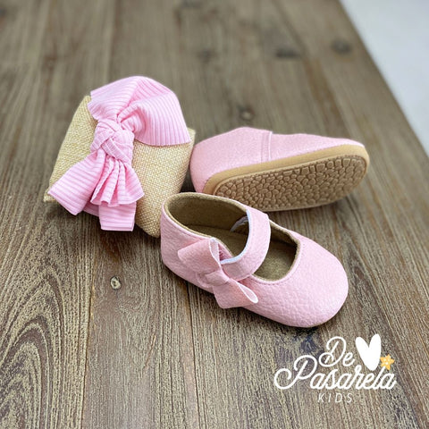 Soft Pure Leather Baby Girl Shoes with hair accessories - PINK