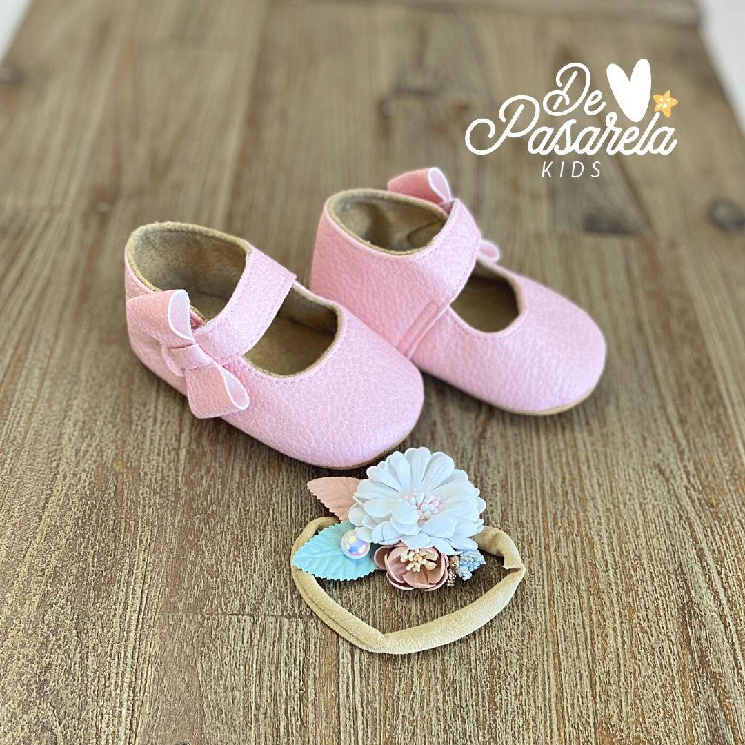 Soft Pure Leather Baby Girl Shoes with hair accessories - PINK