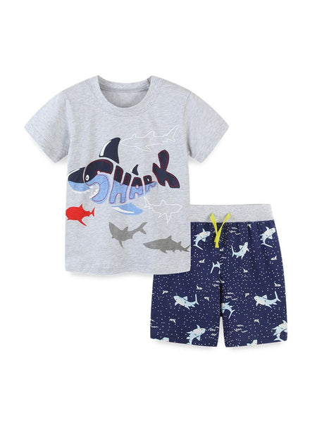 Shark Print Summer Shorts Set for Boys
