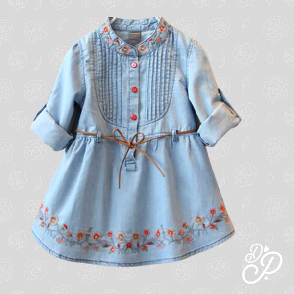 Embroidery FlowerLight Blue Denim Dress for Girl