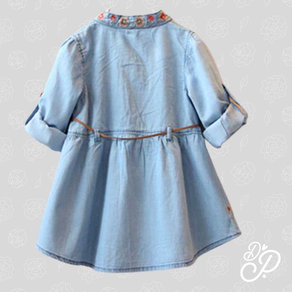 Embroidery FlowerLight Blue Denim Dress for Girl